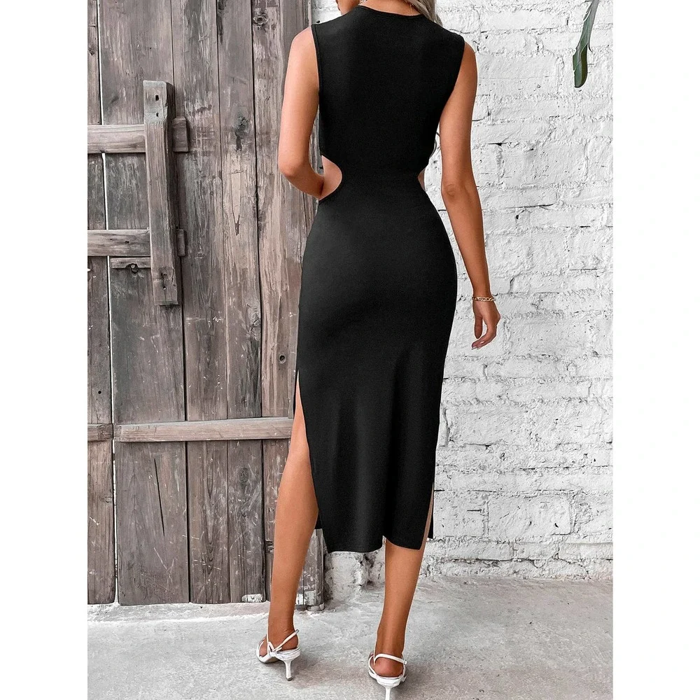 🌟 minimalist Cut Out Waist Twist Front Split Thigh Dress - Picture 2 of 11
